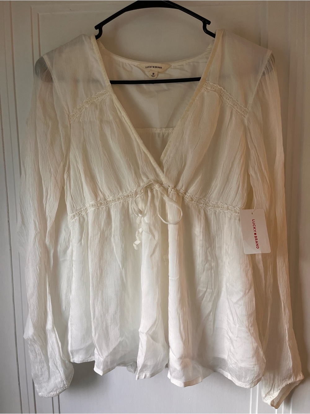 $89 New Lucky Brand Womens Medium M Ivory Babydoll Blouse Shirt Top Empire Waist